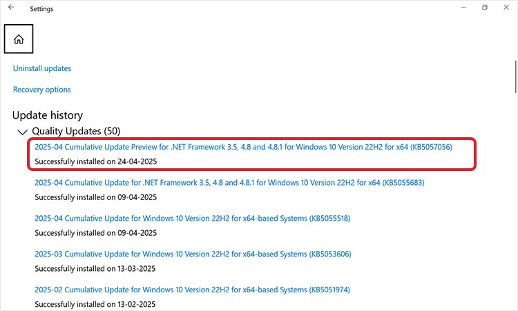 Choisir Désinstaller les mises à jour dans l'historique des mises à jour