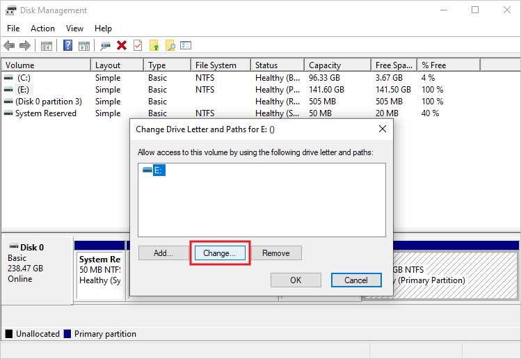 cliquez sur changer pour modifier la lettre du lecteur