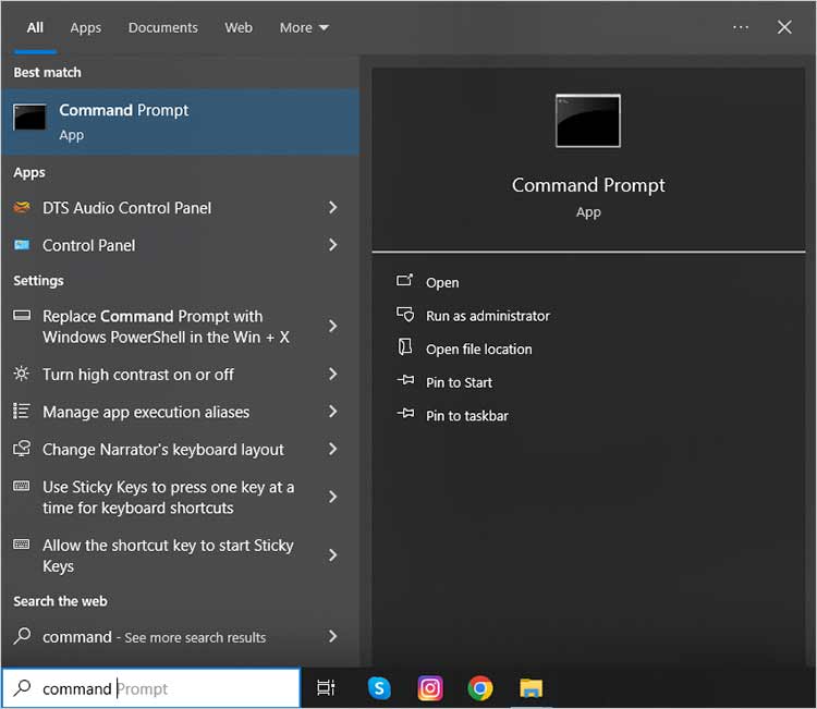 rechercher l'invite de commande dans le menu démarrer
