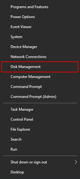 sélectionnez la gestion du disque dans le menu d'alimentation de Windows